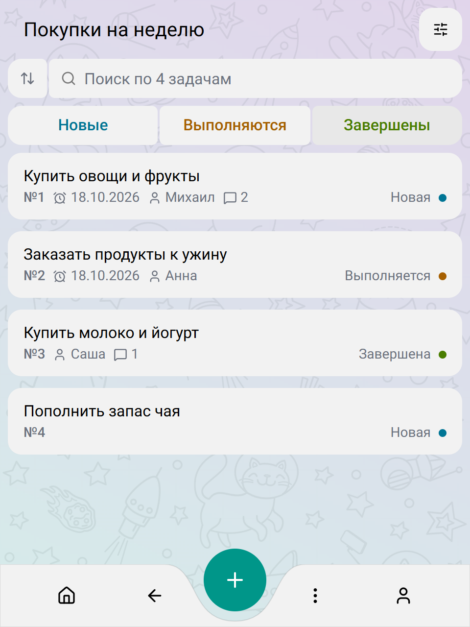 Список задач проекта «Покупки на неделю»